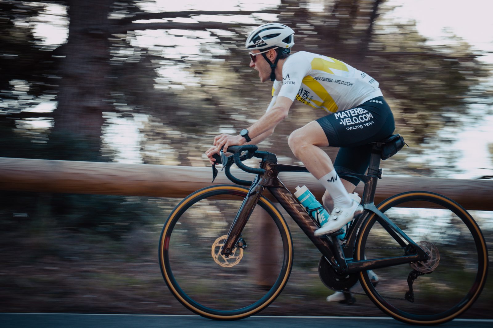 Un cycliste en tenue d’équipe, net et lancé sur la route, les pins derrière lui filés par la vitesse.
